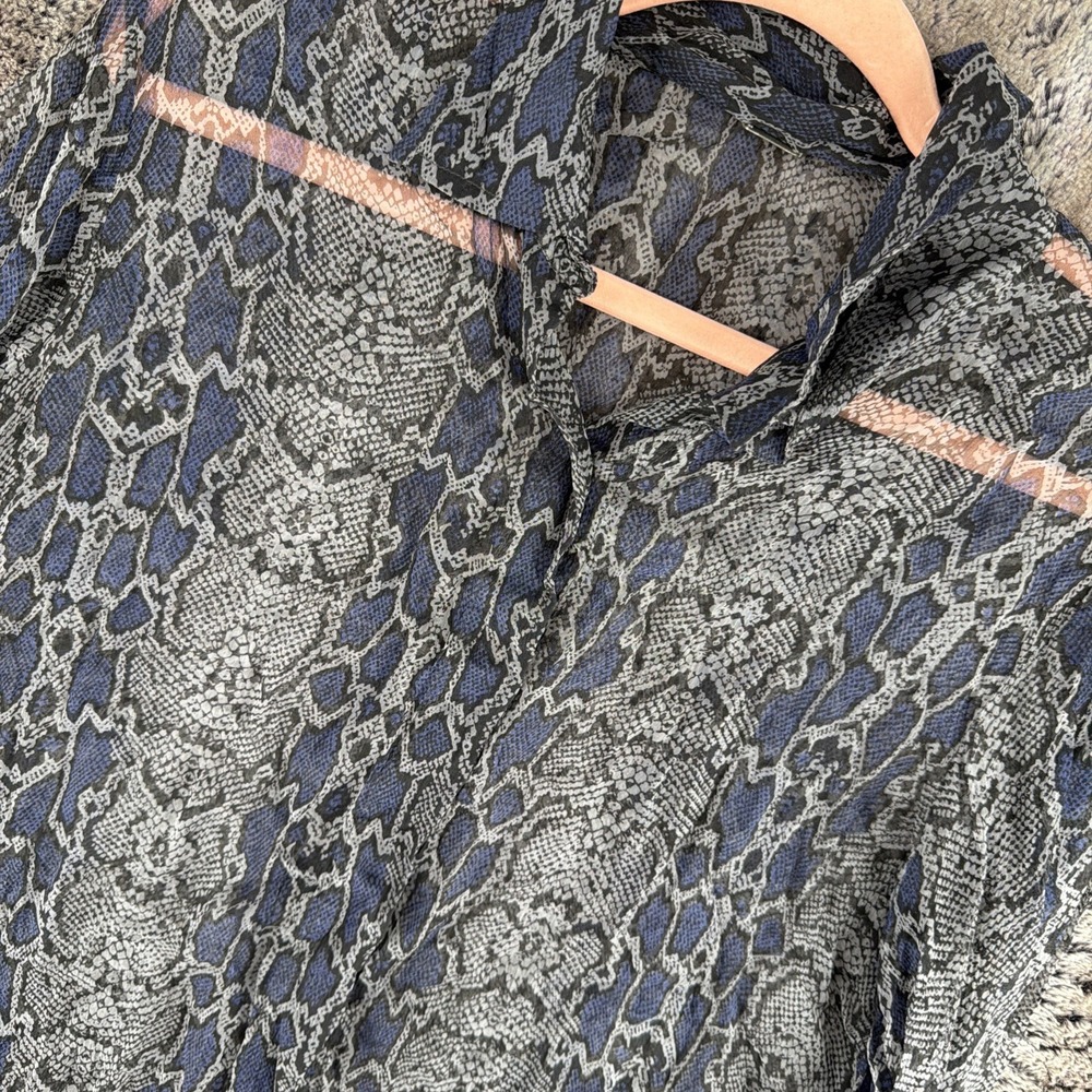 Chan Luu Blouse Womens Blue Gray Snake Animal Print Sheer LongSleeve Top M/L